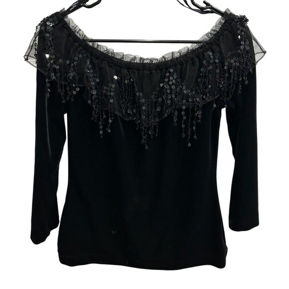 Vintage Cachet Black Stretch Velvet Off-Shoulder Top Sequined Trim Sz Small - Picture 1 of 8